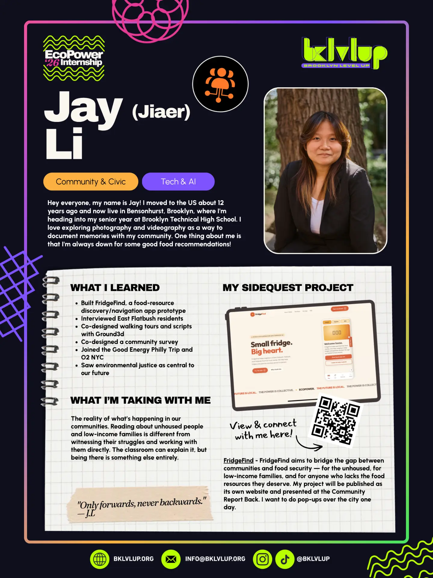EcoPower '26 gallery wall poster introducing Jiaer (Jay) Li, her tracks, interests and FridgeFind sidequest
