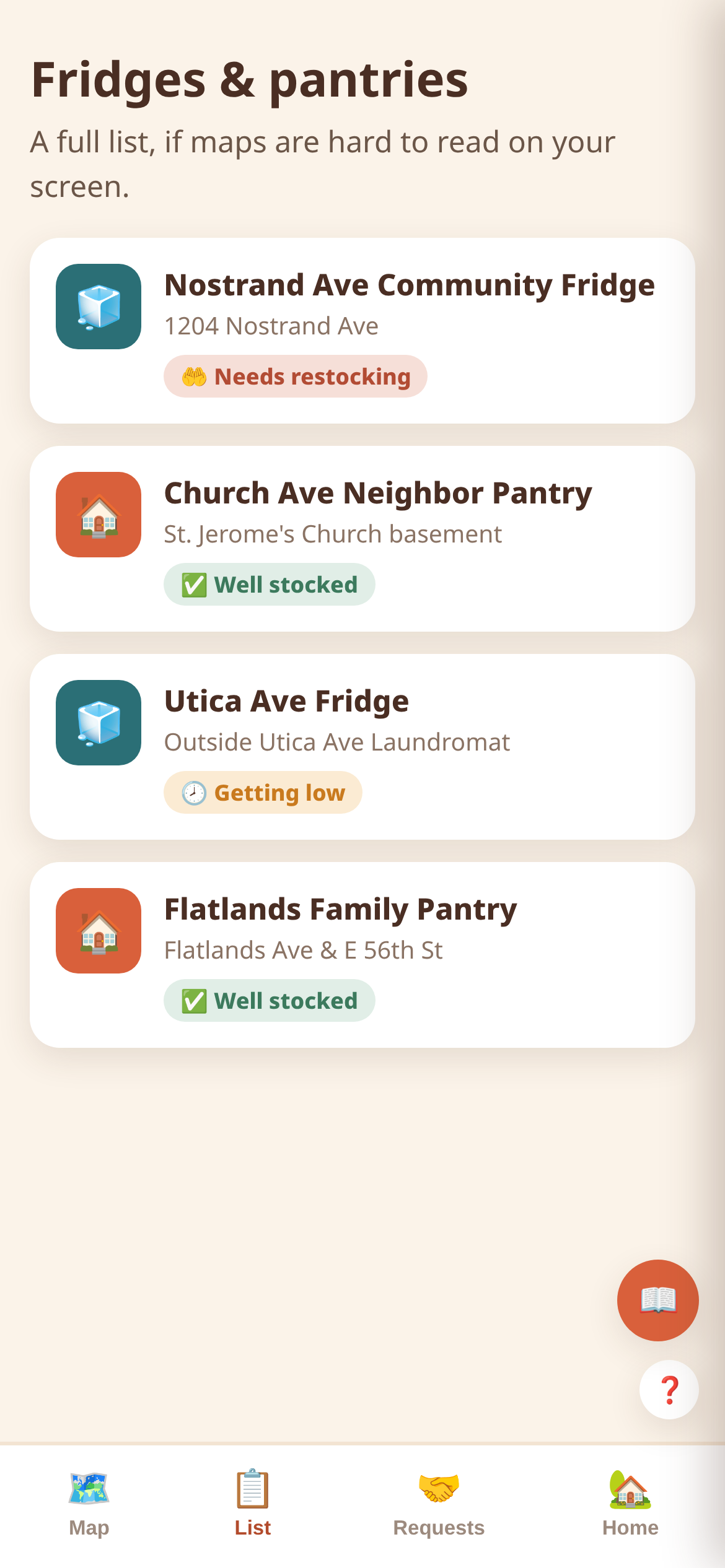 FridgeFind app — Nearby fridges screen