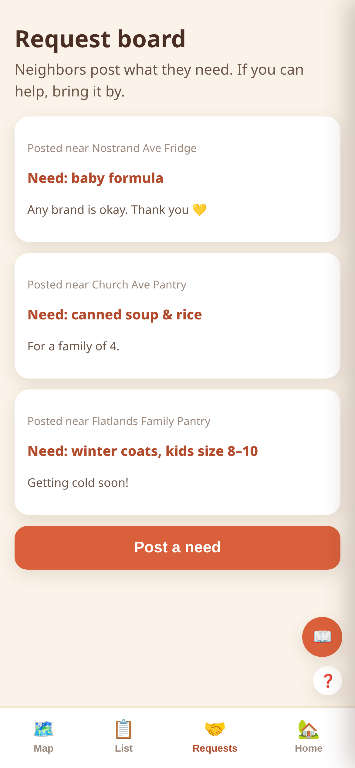 FridgeFind Requests screen — Neighbors post what a fridge needs and what they can bring.